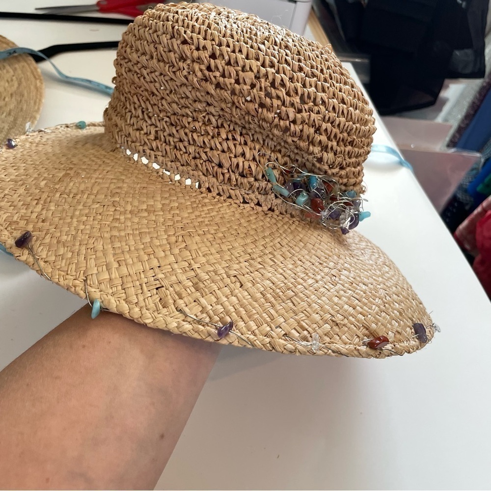 Louise Green Straw Hat with Small Colorful Stonework Beads